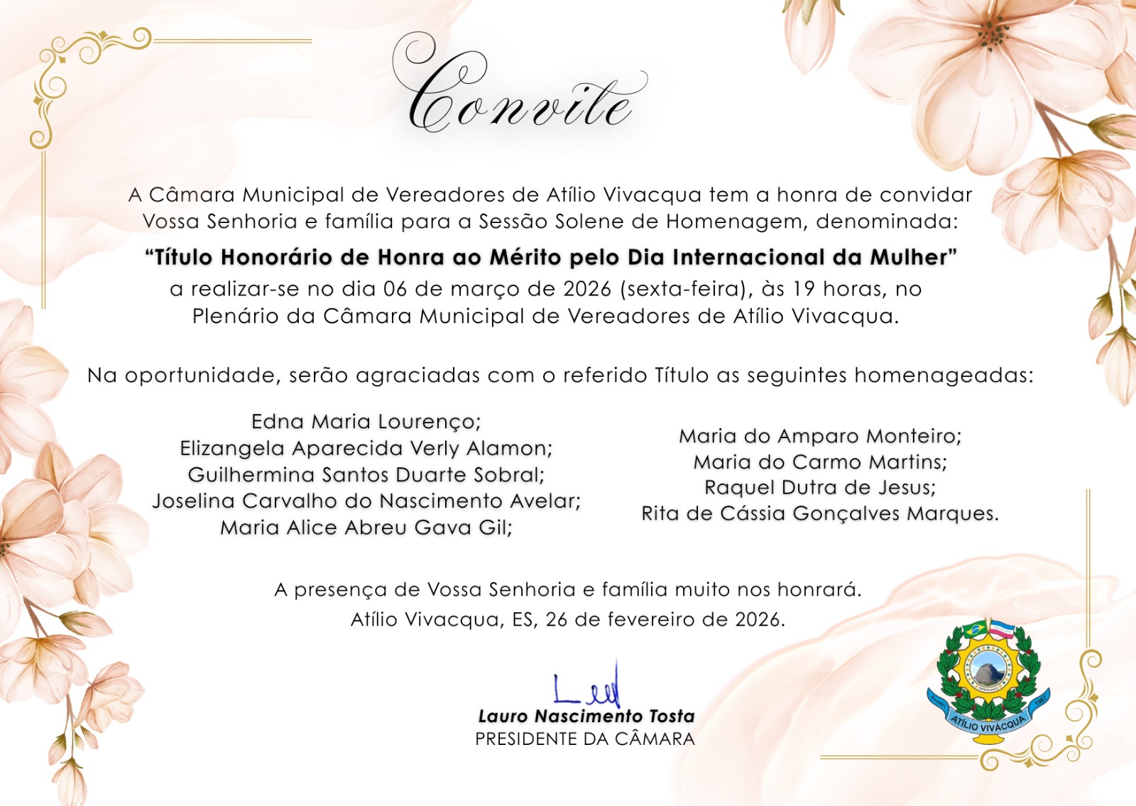 NOTÍCIA: CONVITE PARA A PRIMEIRA SESSÃO SOLENE DE 2026